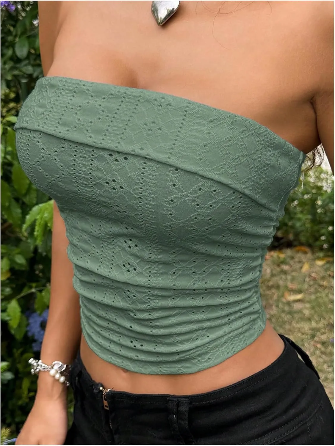 OYOANGLE Women's Eyelet Embroidered Tube Top Strapless Ruched Slim Fit Y2K Crop Bandeau Tops