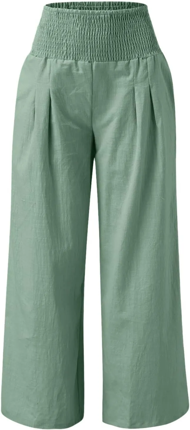 Palazzo Capri Pants for Women 2025 Baggy Y2K Summer Stretchy Boho Beach Pants High Waist Plus Size Lounge Palazzo Trousers