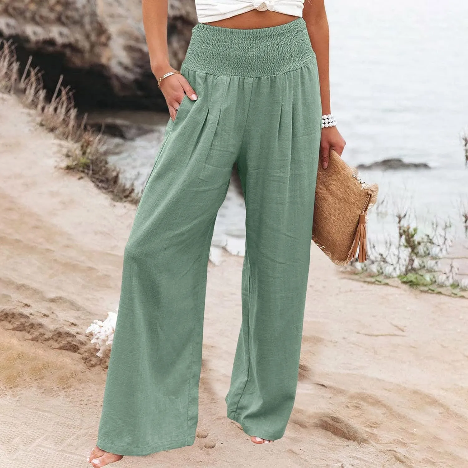 Palazzo Capri Pants for Women 2025 Baggy Y2K Summer Stretchy Boho Beach Pants High Waist Plus Size Lounge Palazzo Trousers