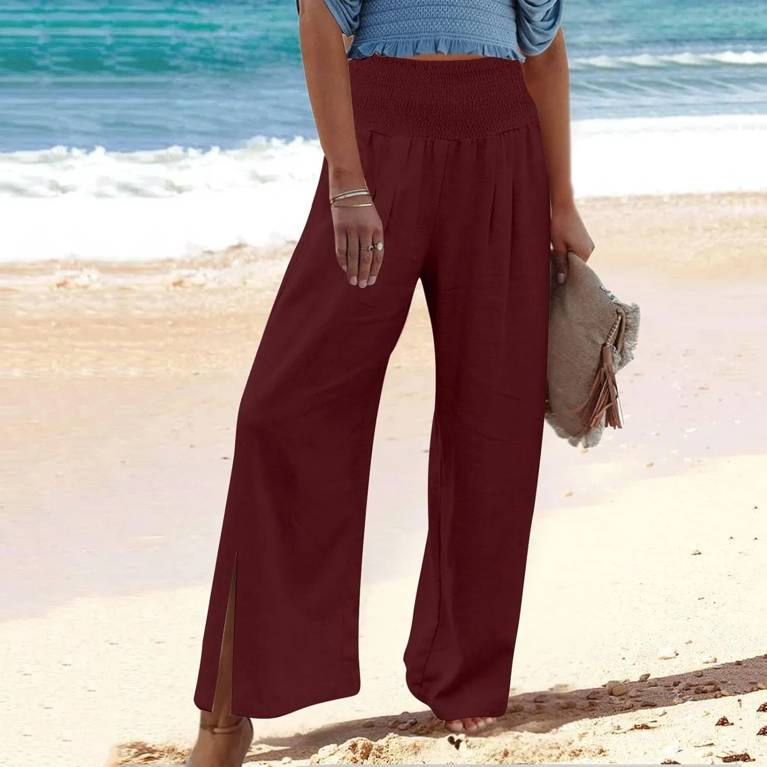 Palazzo Pants for Women Cotton Linen Summer Lounge Pants Casual Comfy Elastic Side Slit Wide Leg Beach Trousers