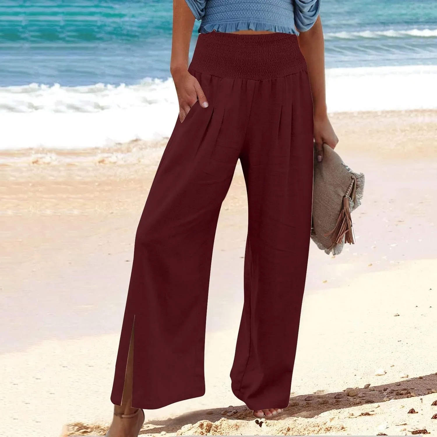 Palazzo Pants for Women Cotton Linen Summer Lounge Pants Casual Comfy Elastic Side Slit Wide Leg Beach Trousers