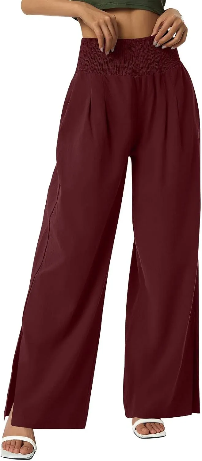 Palazzo Pants for Women Cotton Linen Summer Lounge Pants Casual Comfy Elastic Side Slit Wide Leg Beach Trousers