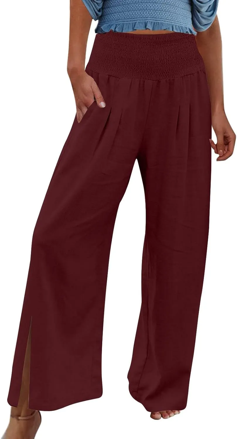 Palazzo Pants for Women Cotton Linen Summer Lounge Pants Casual Comfy Elastic Side Slit Wide Leg Beach Trousers