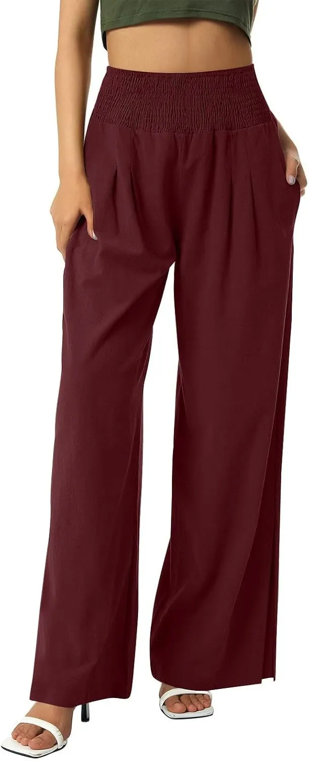 Palazzo Pants for Women Cotton Linen Summer Lounge Pants Casual Comfy Elastic Side Slit Wide Leg Beach Trousers