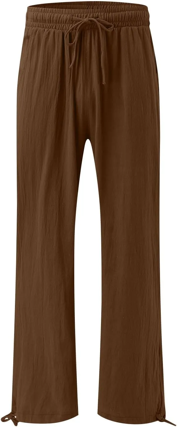 Pants for Women Cotton Linen Casual Summer 2025 Straight Leg Loose Drawstring Elastic Waist Cropped Trouser Plus Size