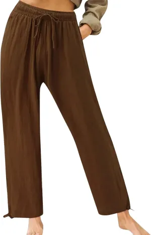 Pants for Women Cotton Linen Casual Summer 2025 Straight Leg Loose Drawstring Elastic Waist Cropped Trouser Plus Size