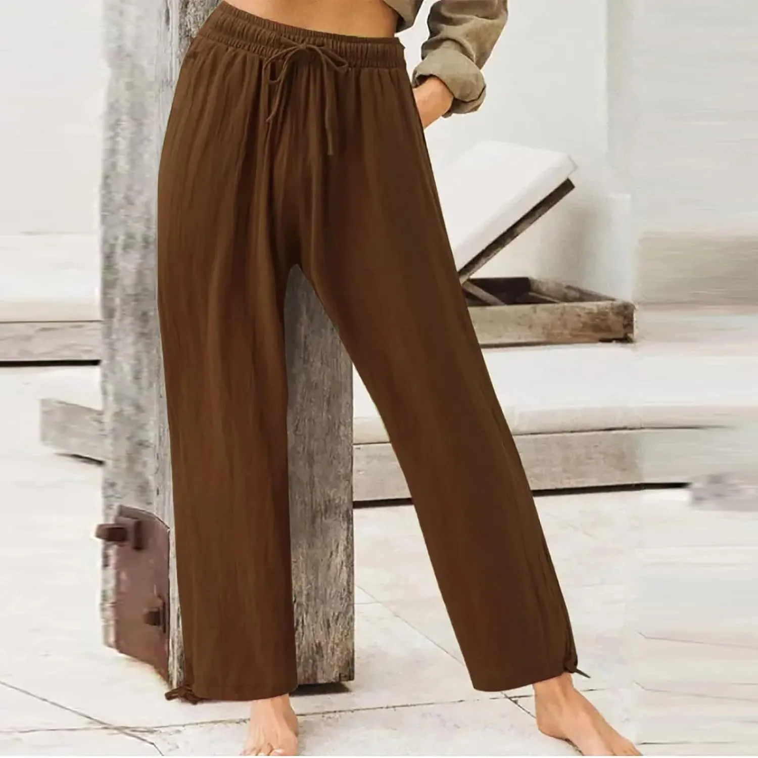 Pants for Women Cotton Linen Casual Summer 2025 Straight Leg Loose Drawstring Elastic Waist Cropped Trouser Plus Size