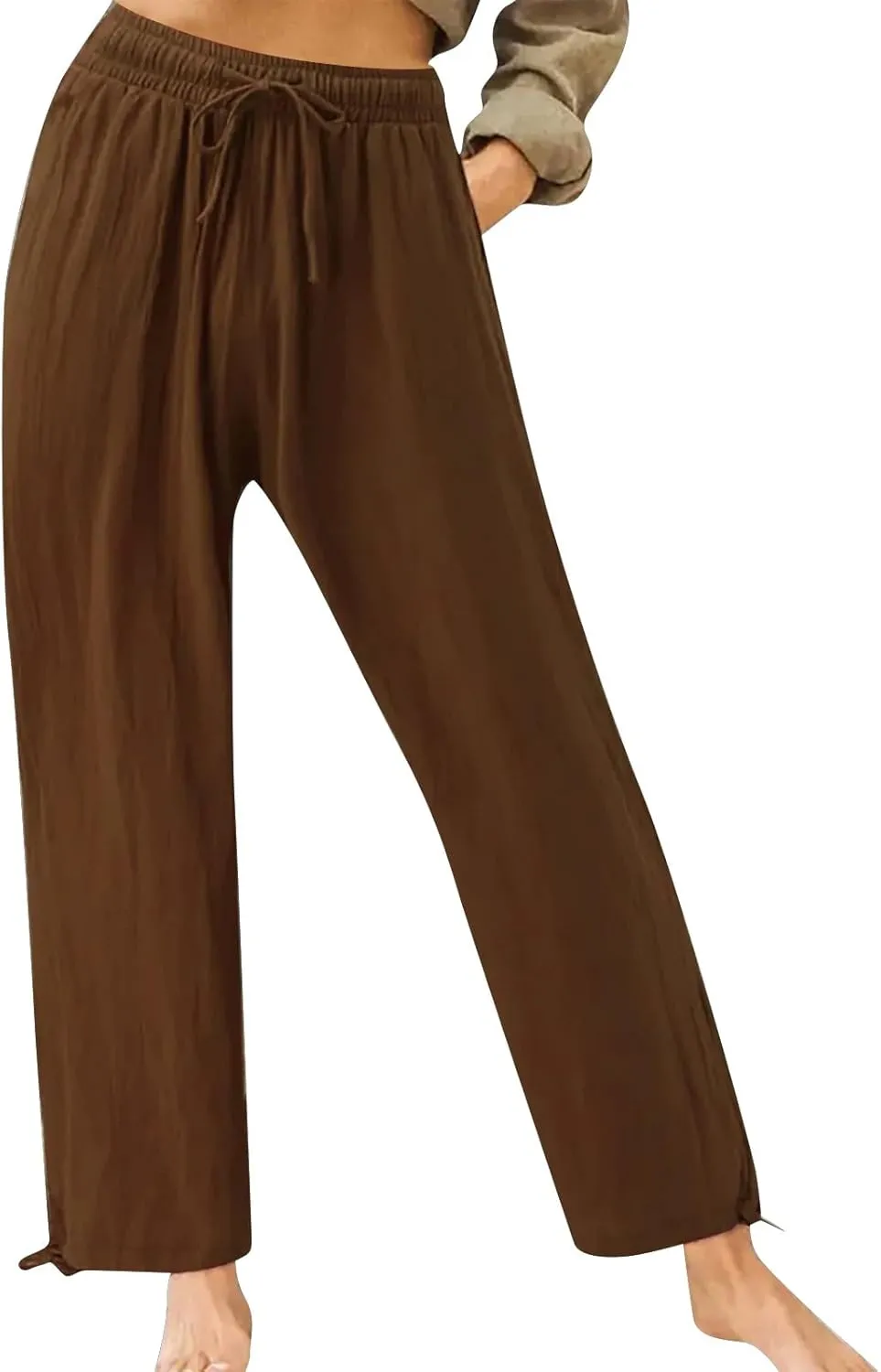 Pants for Women Cotton Linen Casual Summer 2025 Straight Leg Loose Drawstring Elastic Waist Cropped Trouser Plus Size