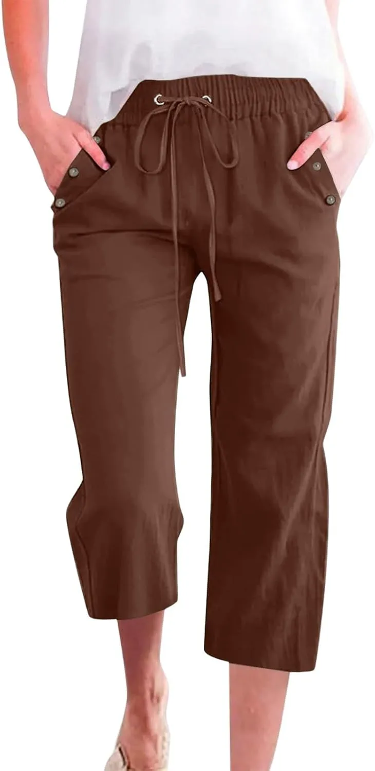 Pants for Women Summer 2025 Casual Lounge Pants Cropped Cotton Linen Comfy Drawstring Baggy Trousers with Pockets