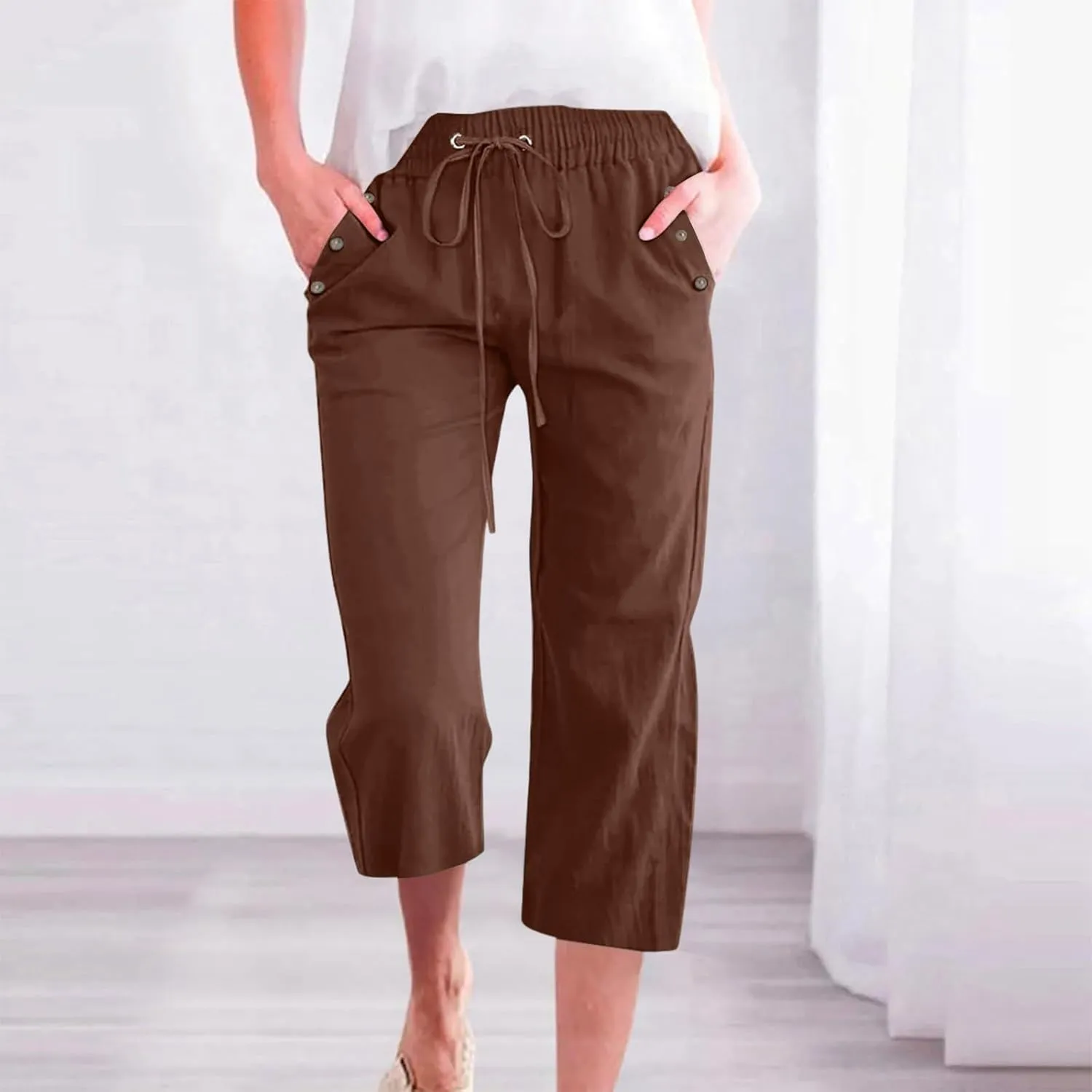 Pants for Women Summer 2025 Casual Lounge Pants Cropped Cotton Linen Comfy Drawstring Baggy Trousers with Pockets