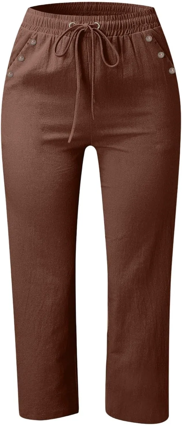 Pants for Women Summer 2025 Casual Lounge Pants Cropped Cotton Linen Comfy Drawstring Baggy Trousers with Pockets