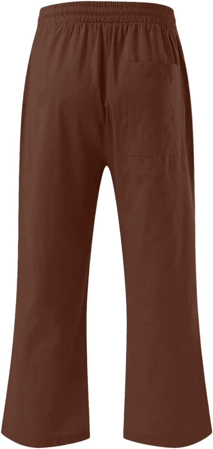 Pants for Women Summer 2025 Casual Lounge Pants Cropped Cotton Linen Comfy Drawstring Baggy Trousers with Pockets