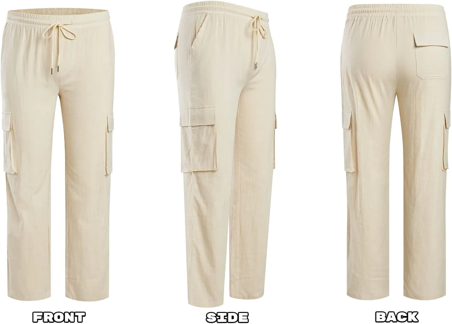 PASLTER Mens Linen Cargo Pants Lightweight Elastic Waist Drawstring Casual Loose Summer Beach Yoga Pants with Pockets