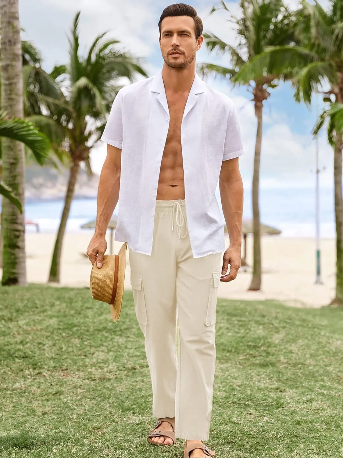 PASLTER Mens Linen Cargo Pants Lightweight Elastic Waist Drawstring Casual Loose Summer Beach Yoga Pants with Pockets