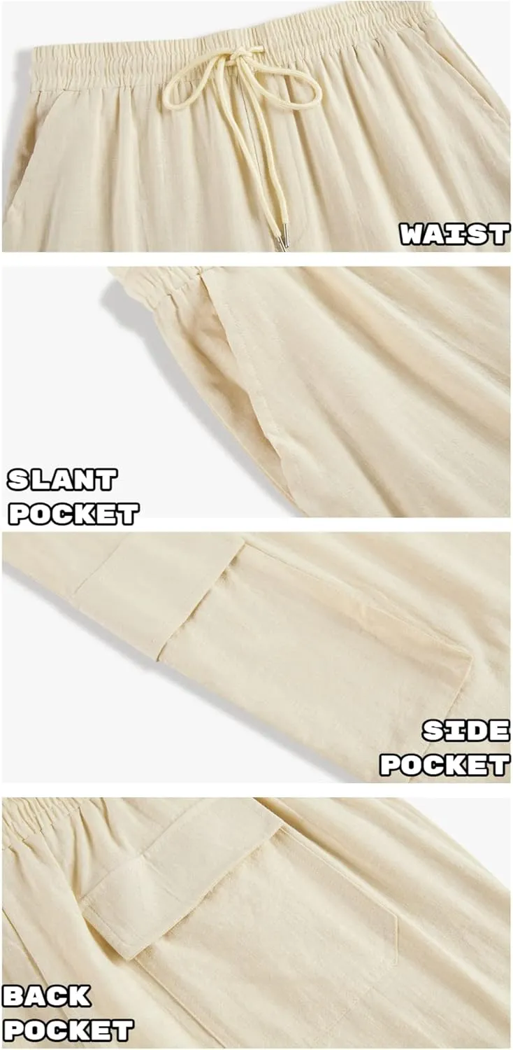PASLTER Mens Linen Cargo Pants Lightweight Elastic Waist Drawstring Casual Loose Summer Beach Yoga Pants with Pockets