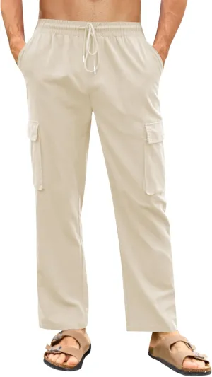 PASLTER Mens Linen Cargo Pants Lightweight Elastic Waist Drawstring Casual Loose Summer Beach Yoga Pants with Pockets
