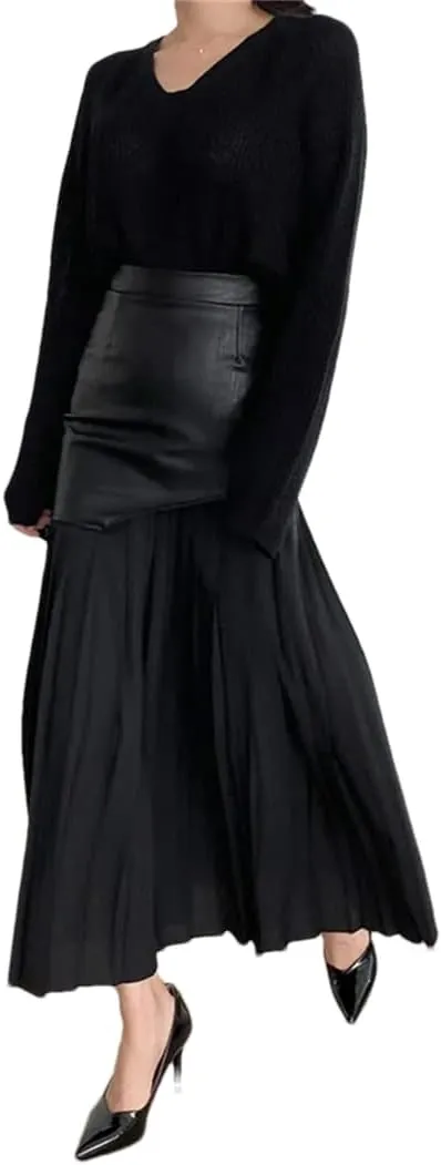 Patchwork Pu Leather Skirt for Women High Waist Midi Pleated Slim Office Skirts
