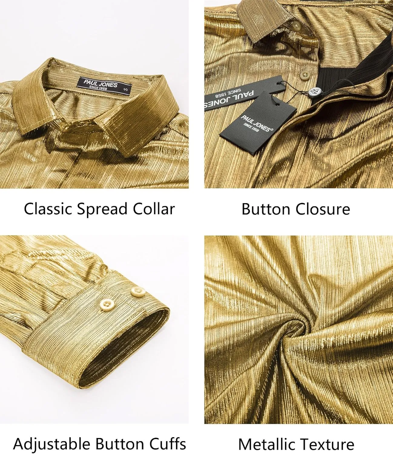 PJ PAUL JONES Men's 70s Disco Shirts Luxury Metallic Sequins Button Down Long Sleeve Party Shirt Nightclub Costume Tops