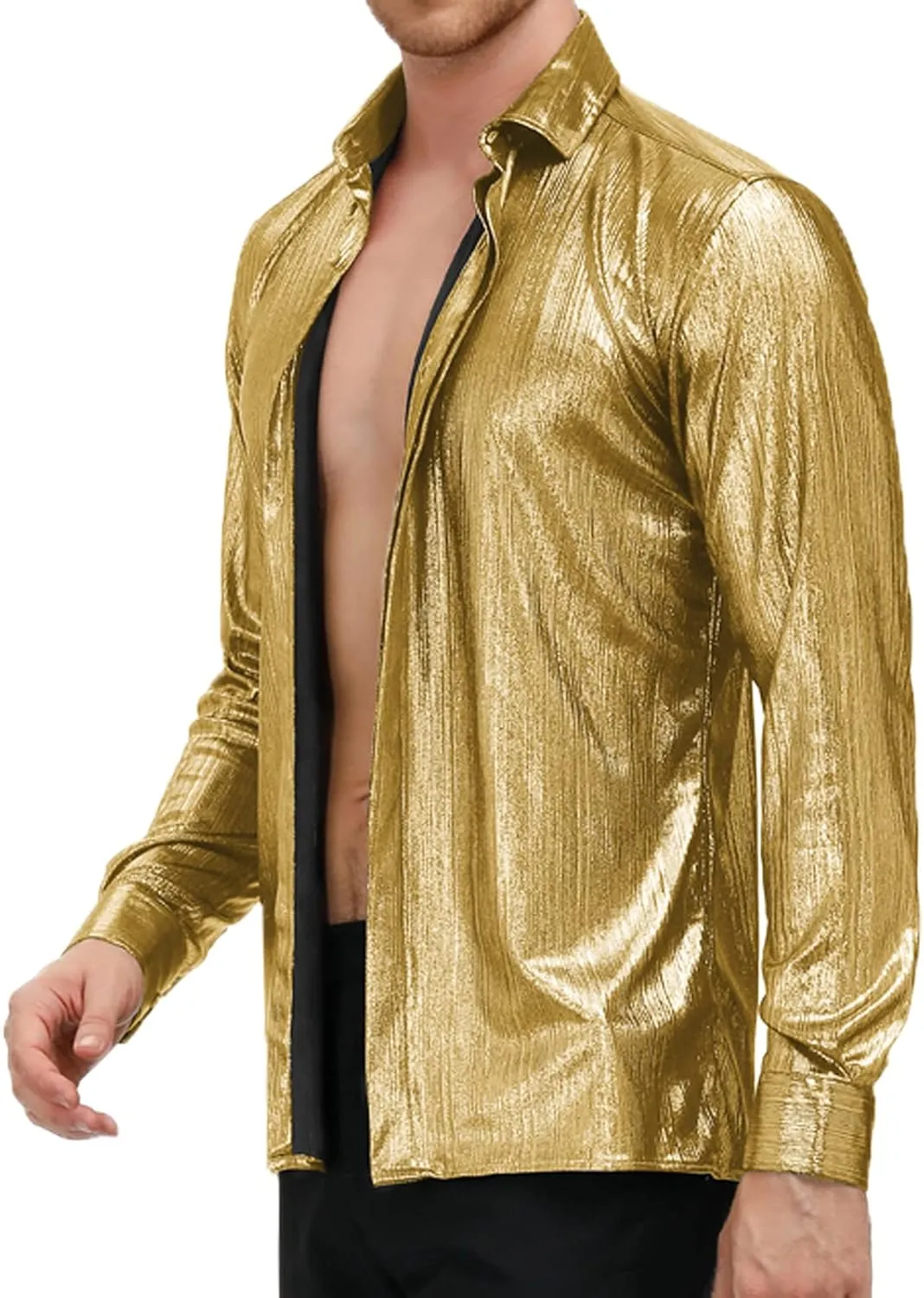 PJ PAUL JONES Men's 70s Disco Shirts Luxury Metallic Sequins Button Down Long Sleeve Party Shirt Nightclub Costume Tops