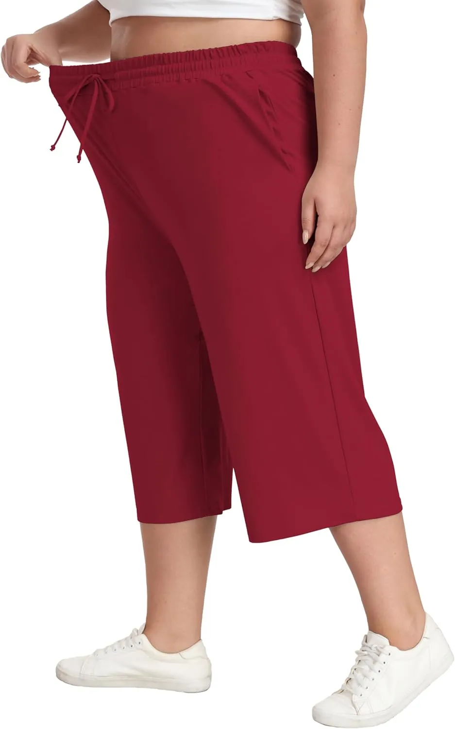 Plus Size Capris for Women Summer Wide Leg Casual Pants Loose Fit Cropped Workout Pants with Pockets Drawstring