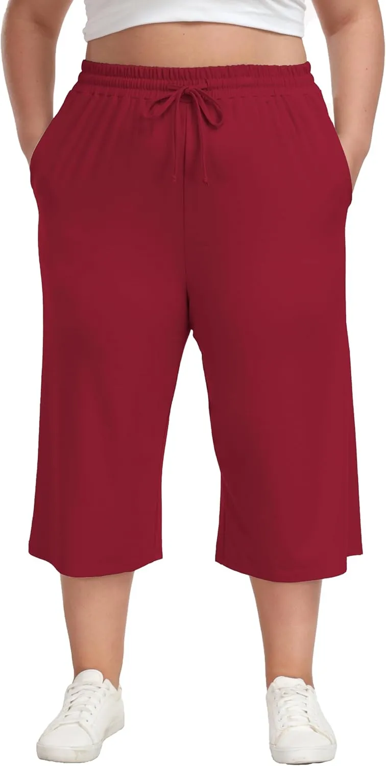 Plus Size Capris for Women Summer Wide Leg Casual Pants Loose Fit Cropped Workout Pants with Pockets Drawstring