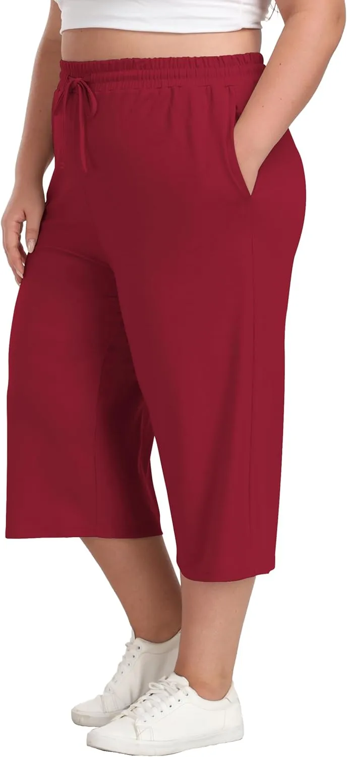 Plus Size Capris for Women Summer Wide Leg Casual Pants Loose Fit Cropped Workout Pants with Pockets Drawstring