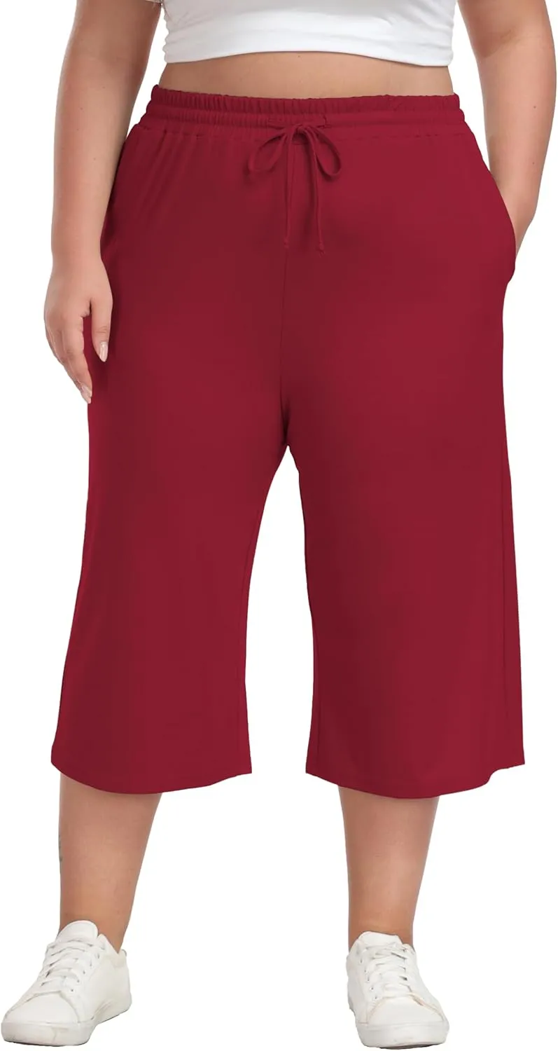 Plus Size Capris for Women Summer Wide Leg Casual Pants Loose Fit Cropped Workout Pants with Pockets Drawstring