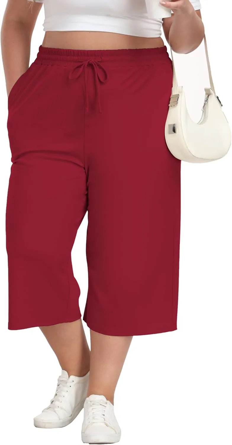 Plus Size Capris for Women Summer Wide Leg Casual Pants Loose Fit Cropped Workout Pants with Pockets Drawstring