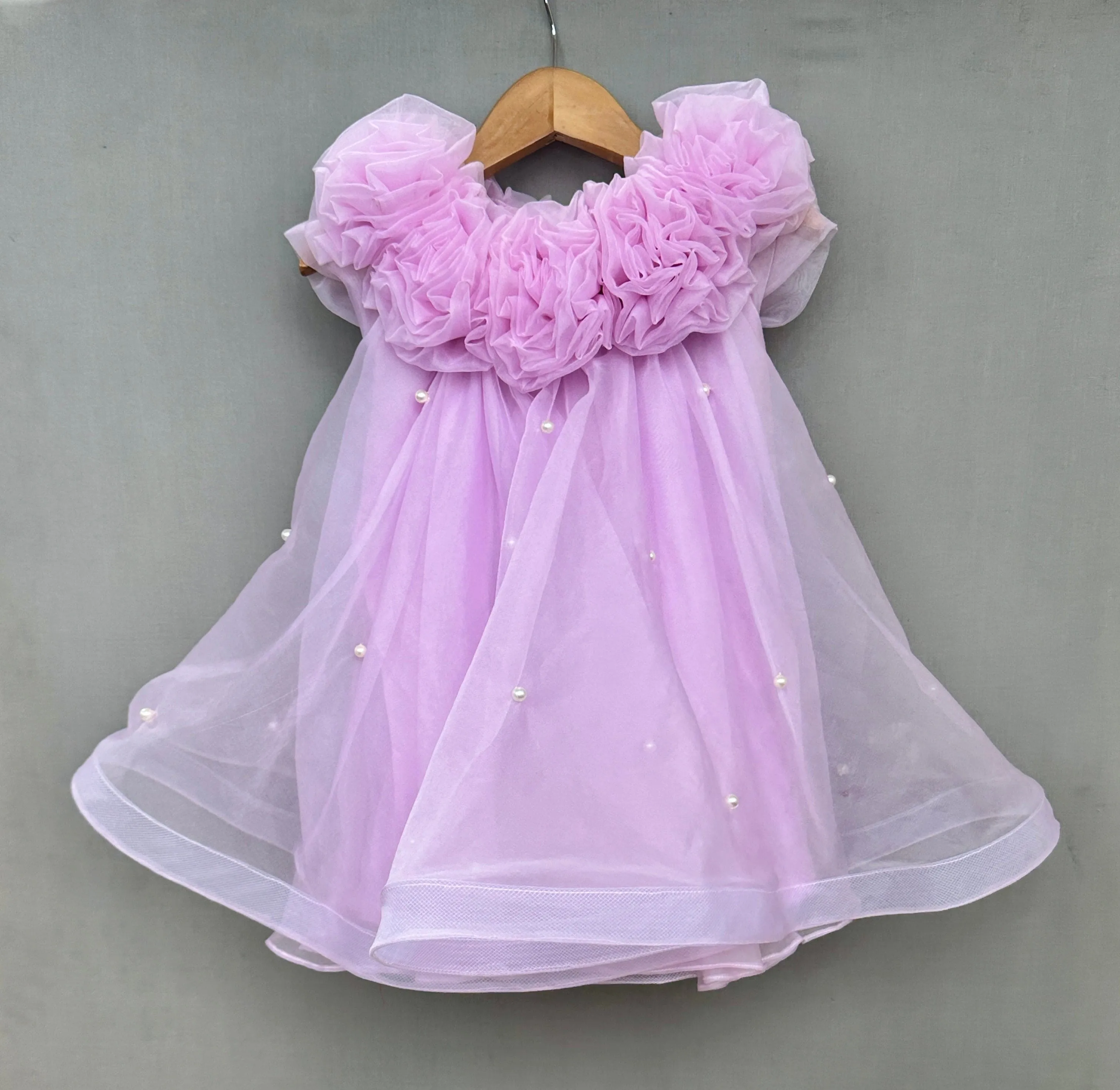 Pre-Order: Pearl Embellished Dress with Handmade flowers in Lavender
