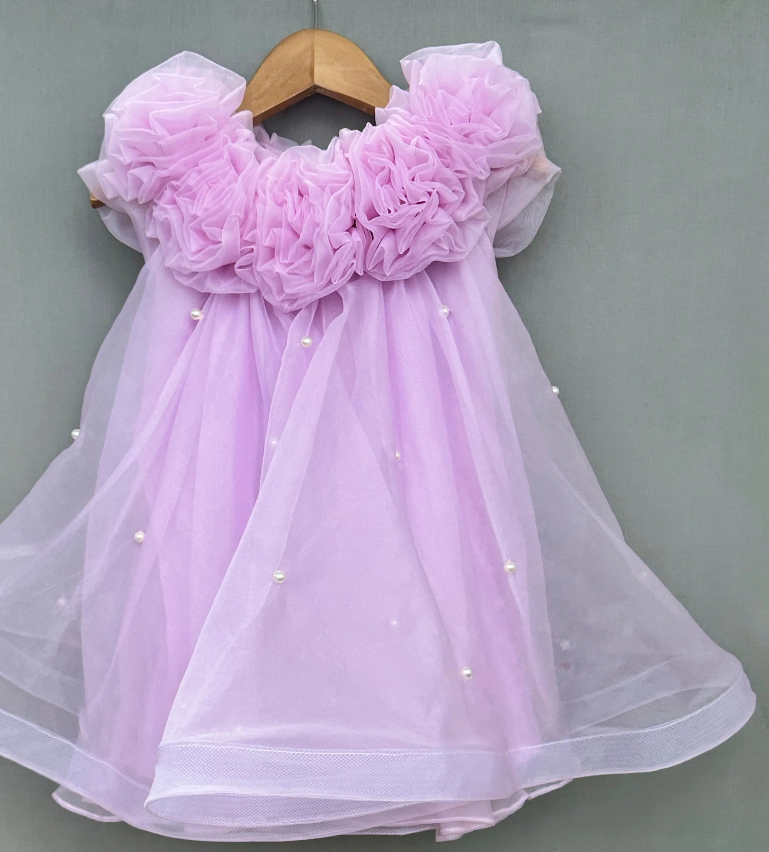 Pre-Order: Pearl Embellished Dress with Handmade flowers in Lavender