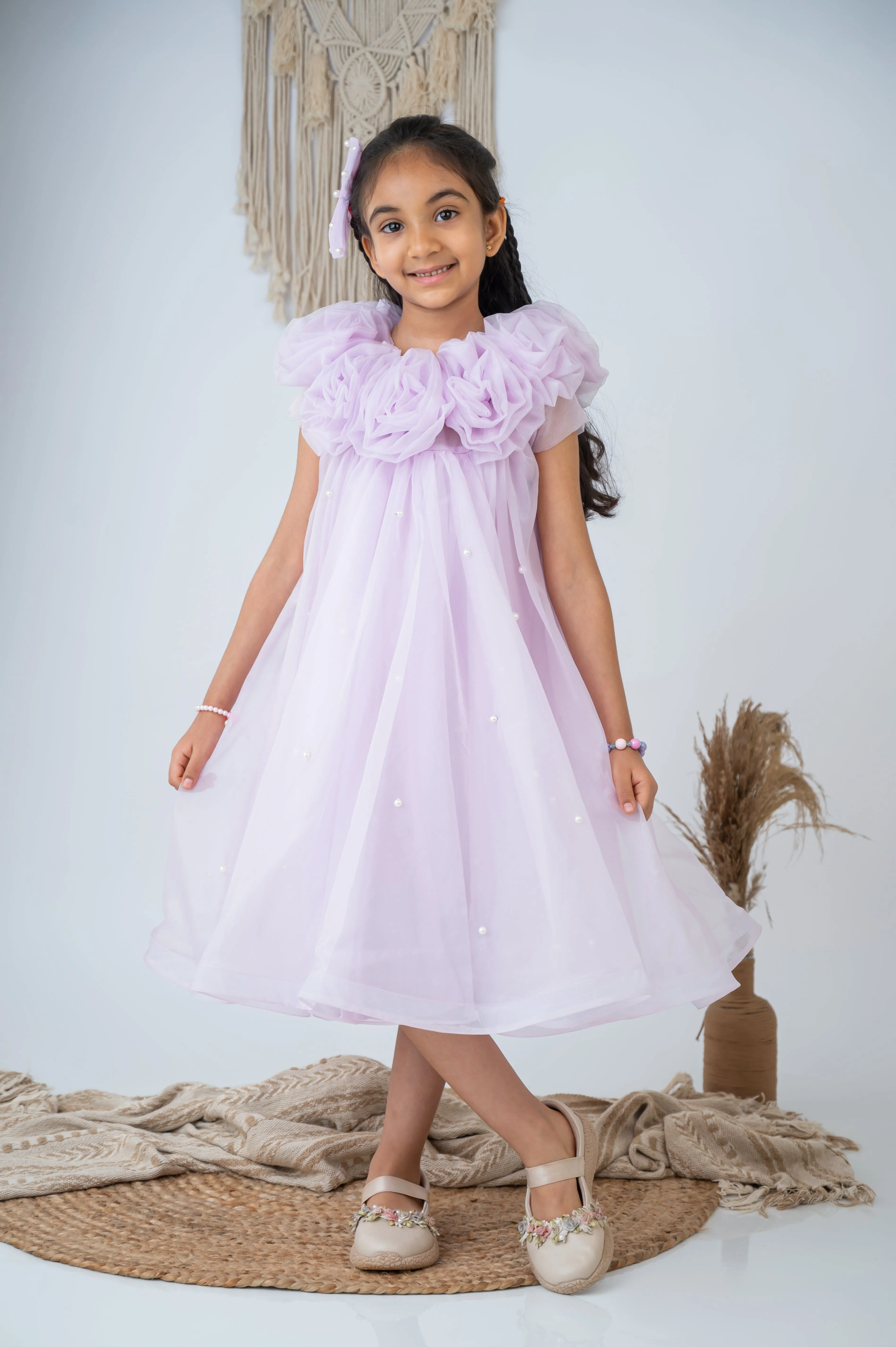 Pre-Order: Pearl Embellished Dress with Handmade flowers in Lavender