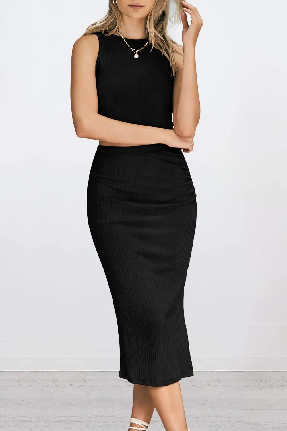 PRETTYGARDEN Women's 2 Piece Summer Outfits Crewneck Tank Tops Split Bodycon Midi Skirt Set