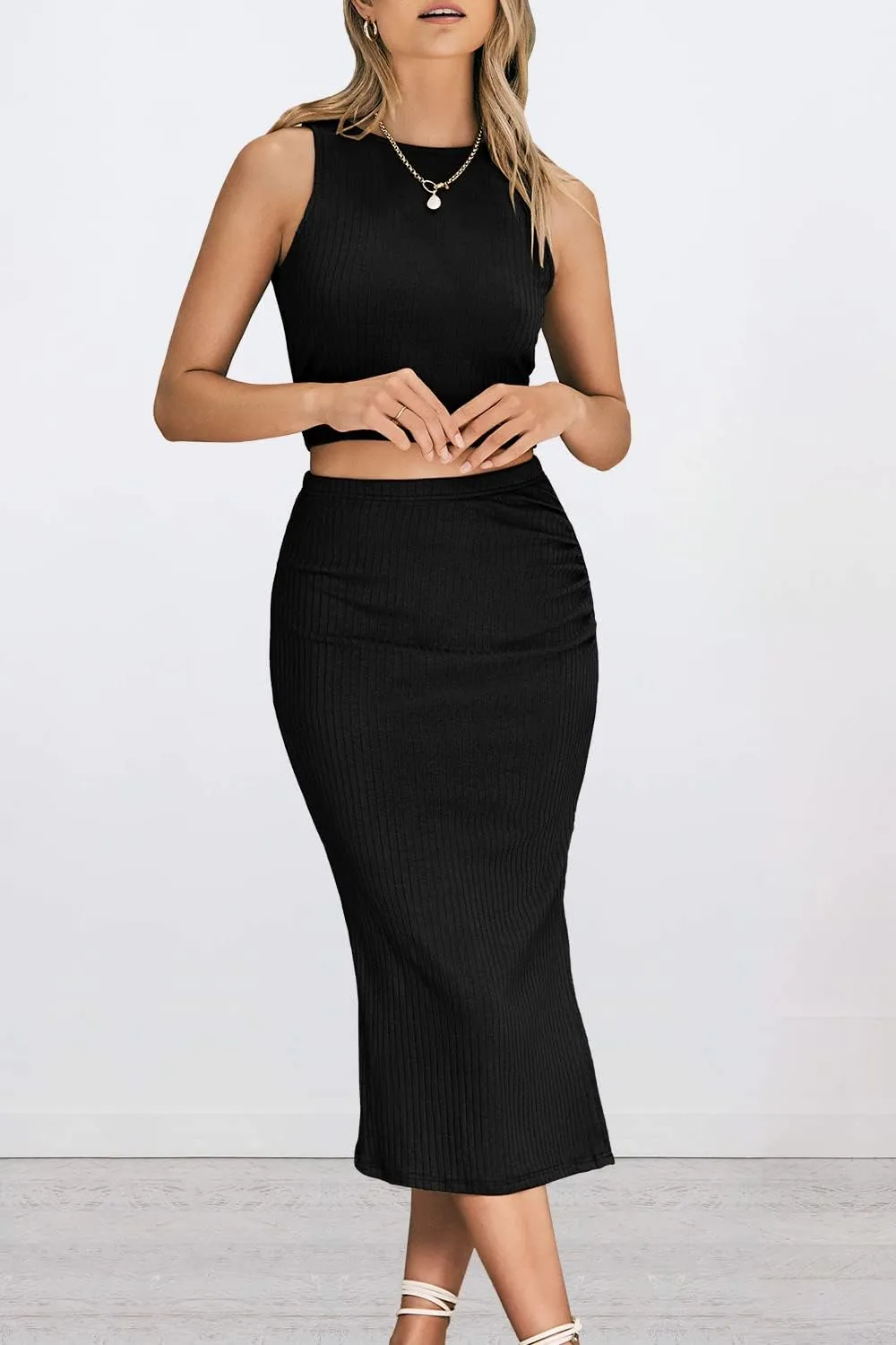 PRETTYGARDEN Women's 2 Piece Summer Outfits Crewneck Tank Tops Split Bodycon Midi Skirt Set