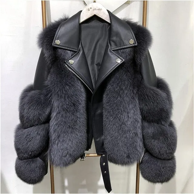 Real Fox Fur Coats With Genuine Sheepskin Leather