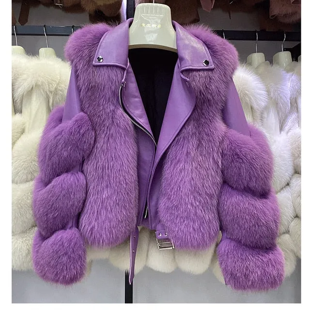 Real Fox Fur Coats With Genuine Sheepskin Leather