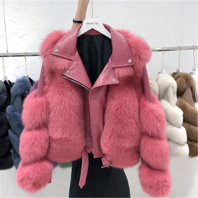 Real Fox Fur Coats With Genuine Sheepskin Leather