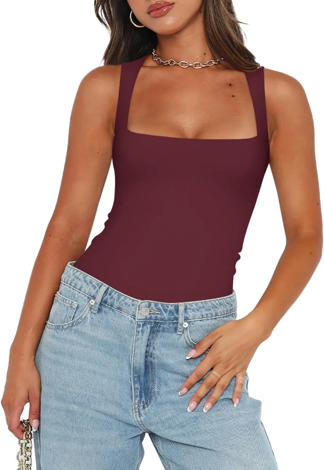 REORIA Butsmooth Womens Sexy Sleeveless Square Neck Double Lined Basic Bodysuit Tank Tops