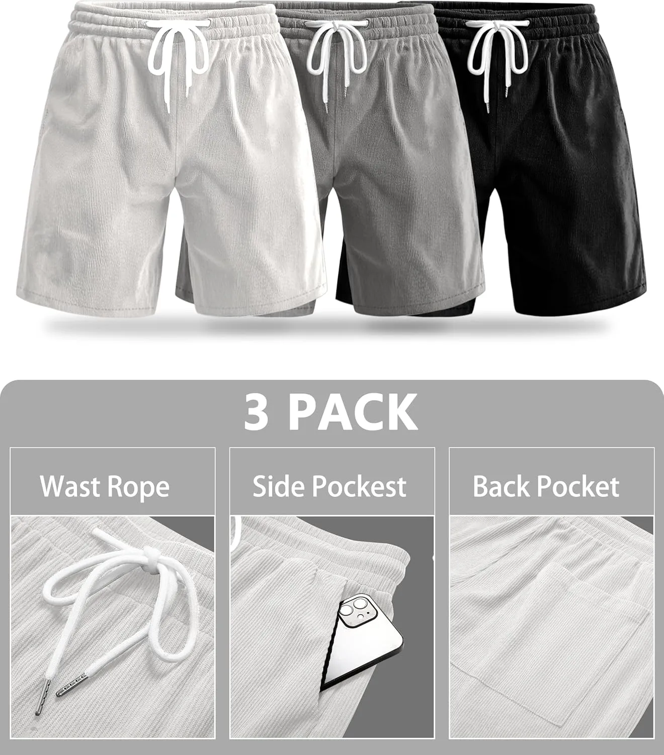 Riyiper 3 Pack Men's Corduroy Shorts L-5XL Big and Tall Drawstring Elastic Waist Pockets Loose Fit Casual 2025 Summer