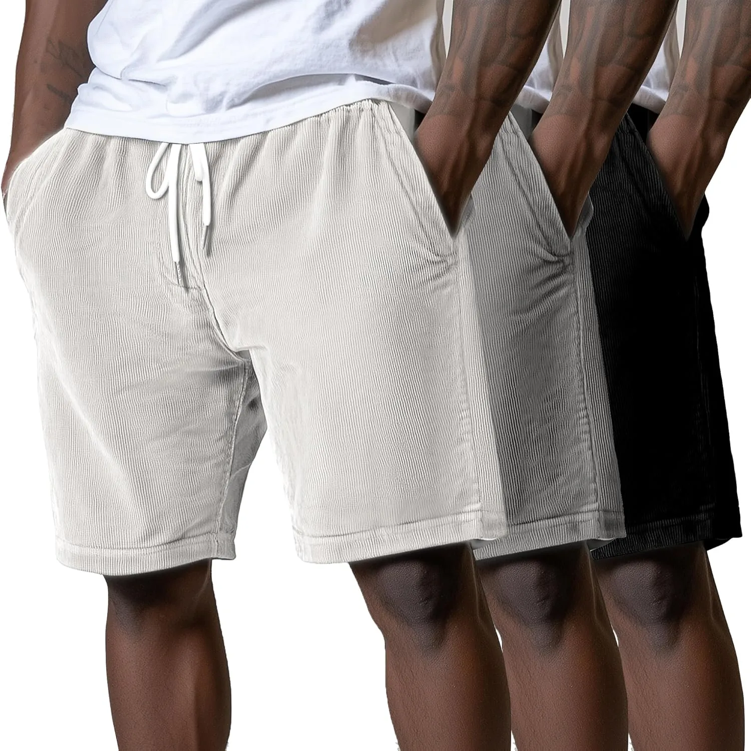 Riyiper 3 Pack Men's Corduroy Shorts L-5XL Big and Tall Drawstring Elastic Waist Pockets Loose Fit Casual 2025 Summer