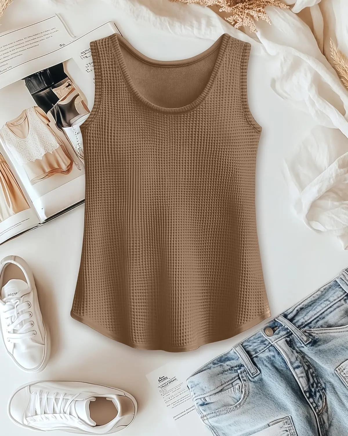 Riyiper 3 Pack Women's Waffle Knit Tunic Tank Tops Scoop Neck Loose Fit Sleeveless Shirts Summer 2025 Beach Vacation Clothes