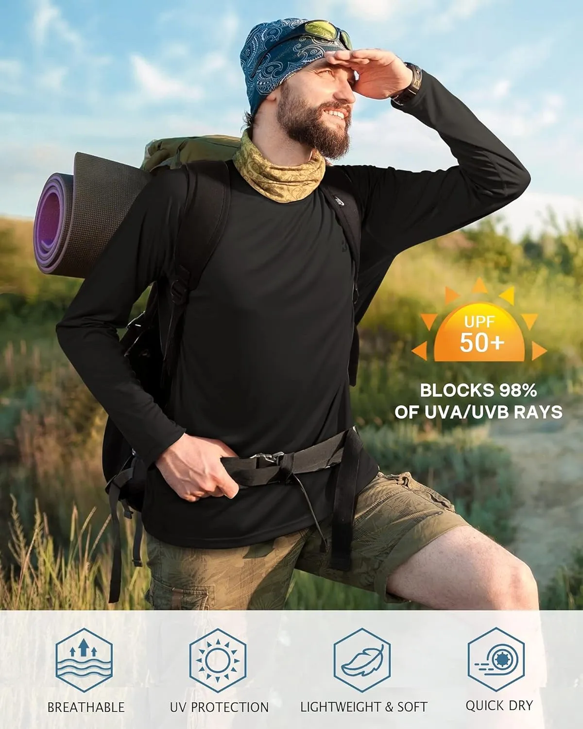Roadbox Mens UPF 50  UV Sun Protection Shirts Outdoor Long Sleeve SPF Rash Guard for Fishing Hiking Swimming Running