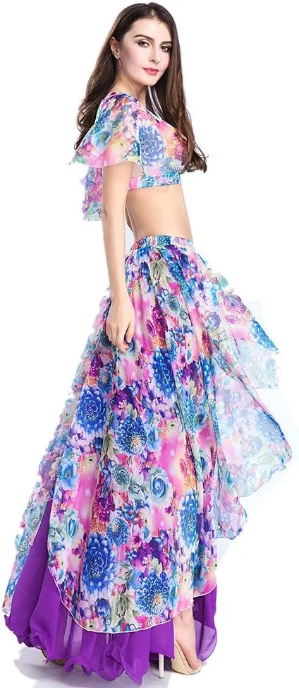 ROYAL SMEELA Belly Dance Costume Set for Women Chiffon Belly Dancing Skirt and Tops Sexy Dancing Dress Outfit One Size