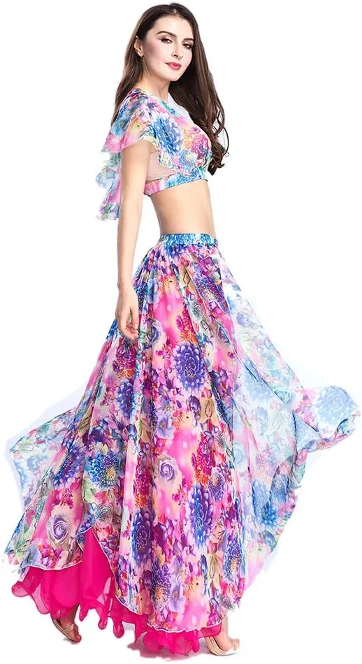 ROYAL SMEELA Belly Dance Costume Set for Women Chiffon Belly Dancing Skirt and Tops Sexy Dancing Dress Outfit One Size