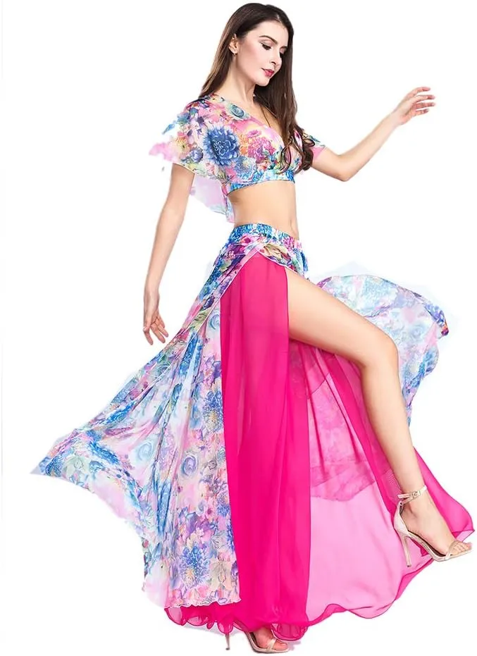 ROYAL SMEELA Belly Dance Costume Set for Women Chiffon Belly Dancing Skirt and Tops Sexy Dancing Dress Outfit One Size