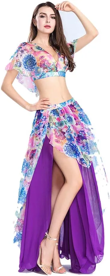 ROYAL SMEELA Belly Dance Costume Set for Women Chiffon Belly Dancing Skirt and Tops Sexy Dancing Dress Outfit One Size