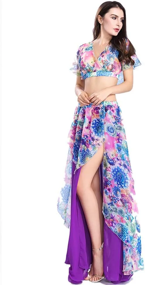 ROYAL SMEELA Belly Dance Costume Set for Women Chiffon Belly Dancing Skirt and Tops Sexy Dancing Dress Outfit One Size