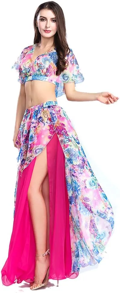ROYAL SMEELA Belly Dance Costume Set for Women Chiffon Belly Dancing Skirt and Tops Sexy Dancing Dress Outfit One Size