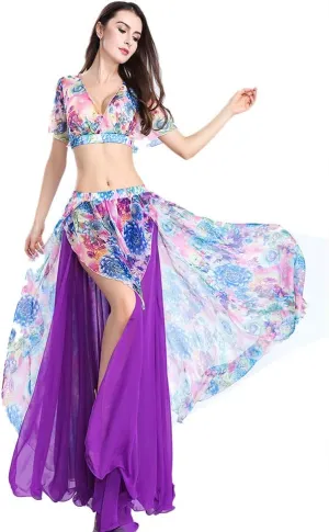ROYAL SMEELA Belly Dance Costume Set for Women Chiffon Belly Dancing Skirt and Tops Sexy Dancing Dress Outfit One Size