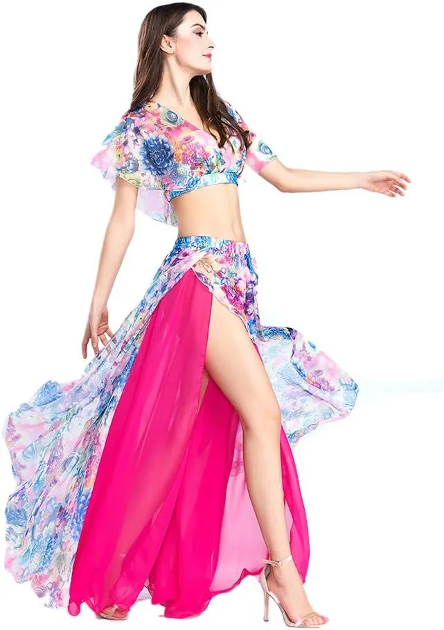 ROYAL SMEELA Belly Dance Costume Set for Women Chiffon Belly Dancing Skirt and Tops Sexy Dancing Dress Outfit One Size