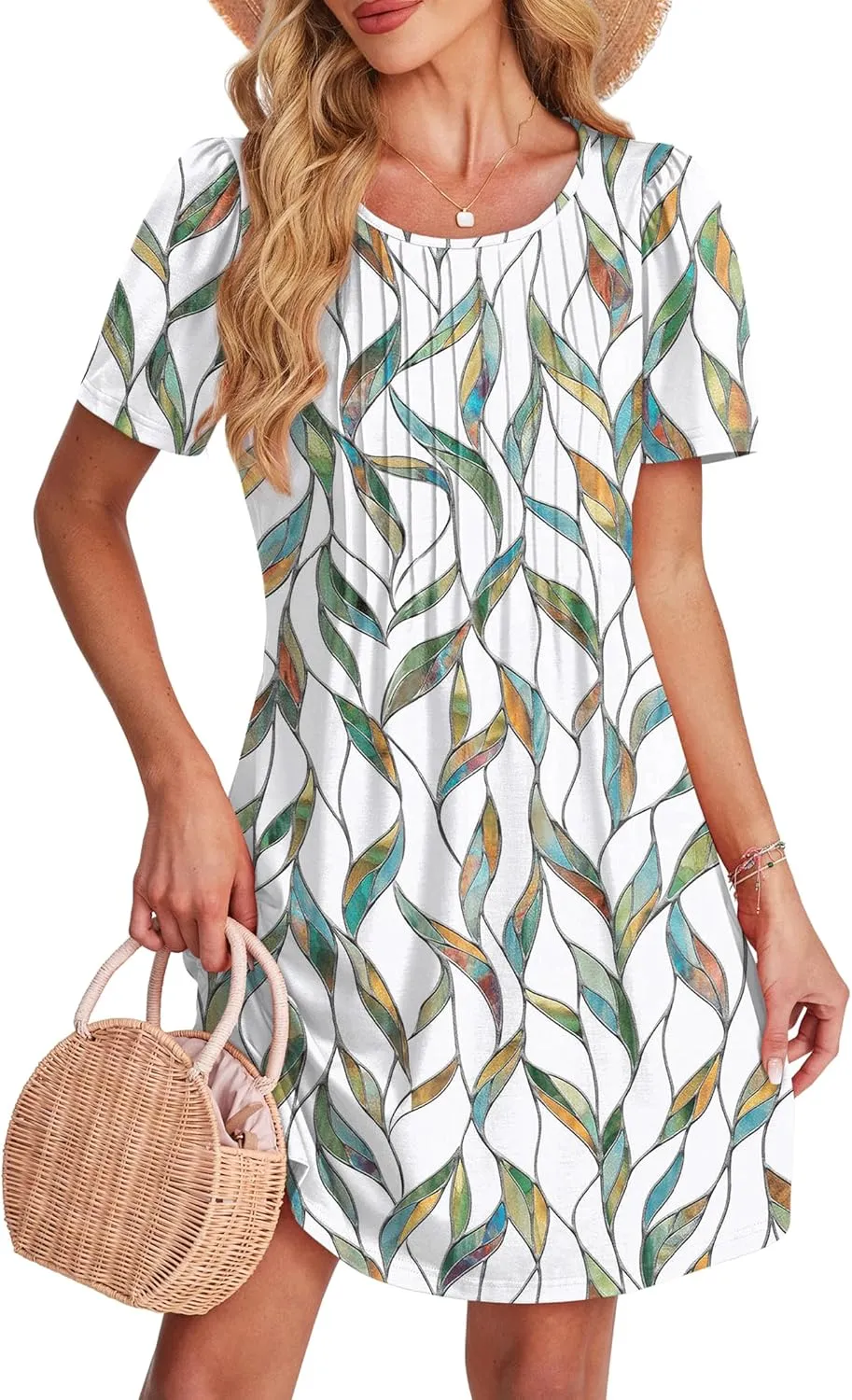 SAMPEEL Womens Pleated Front Summer Dresses Casual Short Sleeve T Shirts Dress with Pockets Vacation Beach Cover Up